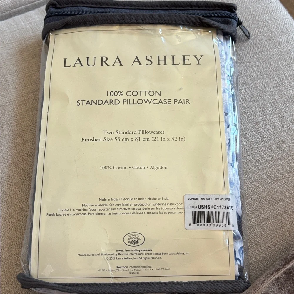 Laura Ashley Lorelei Blue Cotton Sateen Pillowcases Set 2 Standard Floral NIB